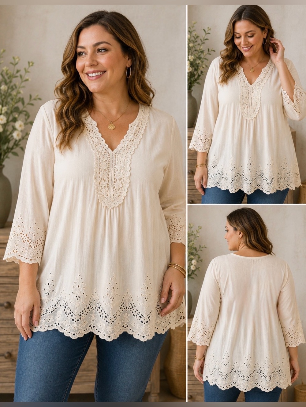 Women's Toffee & Apple Cream Embroidered Tunic Top XXXL